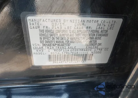 2019 Nissan Sentra Sv from USA, damaged, VIN 3N1AB7AP1KL627737